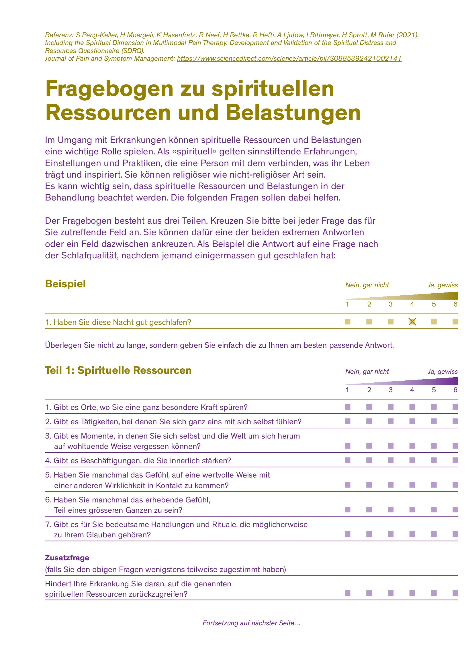 Titelbild Fragebogen zu spirituellen Ressourcen und Belastungen DE
