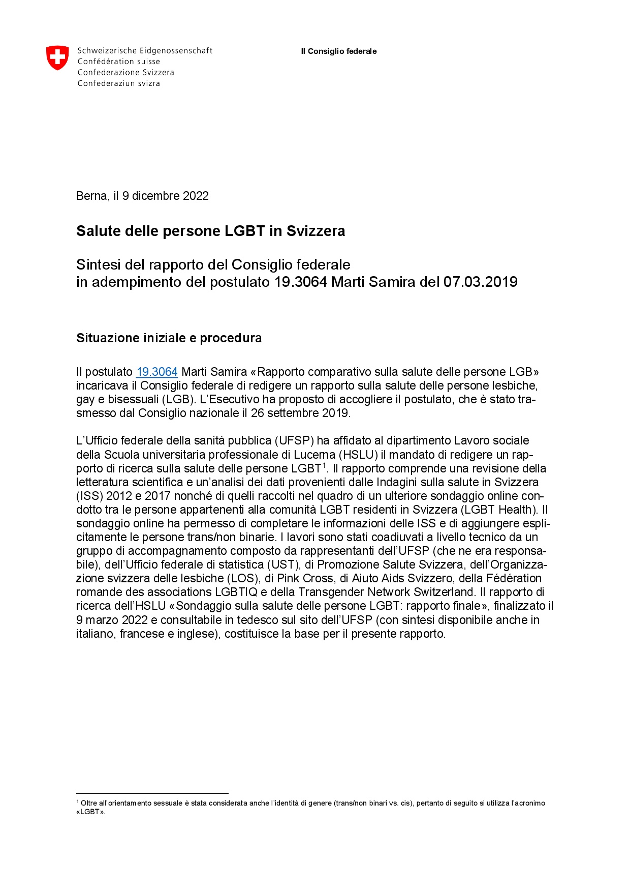 Titelbild Rapporto Consiglio federale salute delle persone LGBT sintesi