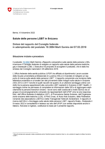 Titelbild Rapporto Consiglio federale salute delle persone LGBT sintesi