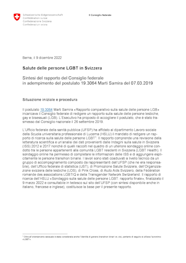 Titelbild Rapporto Consiglio federale salute delle persone LGBT sintesi