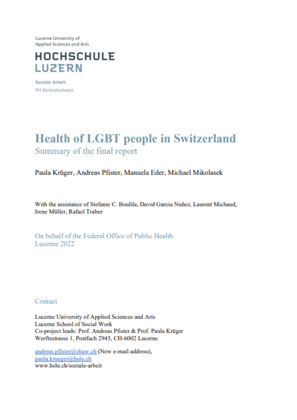 Titelbild Gesundheit von LGBT Personen in der Schweiz EN