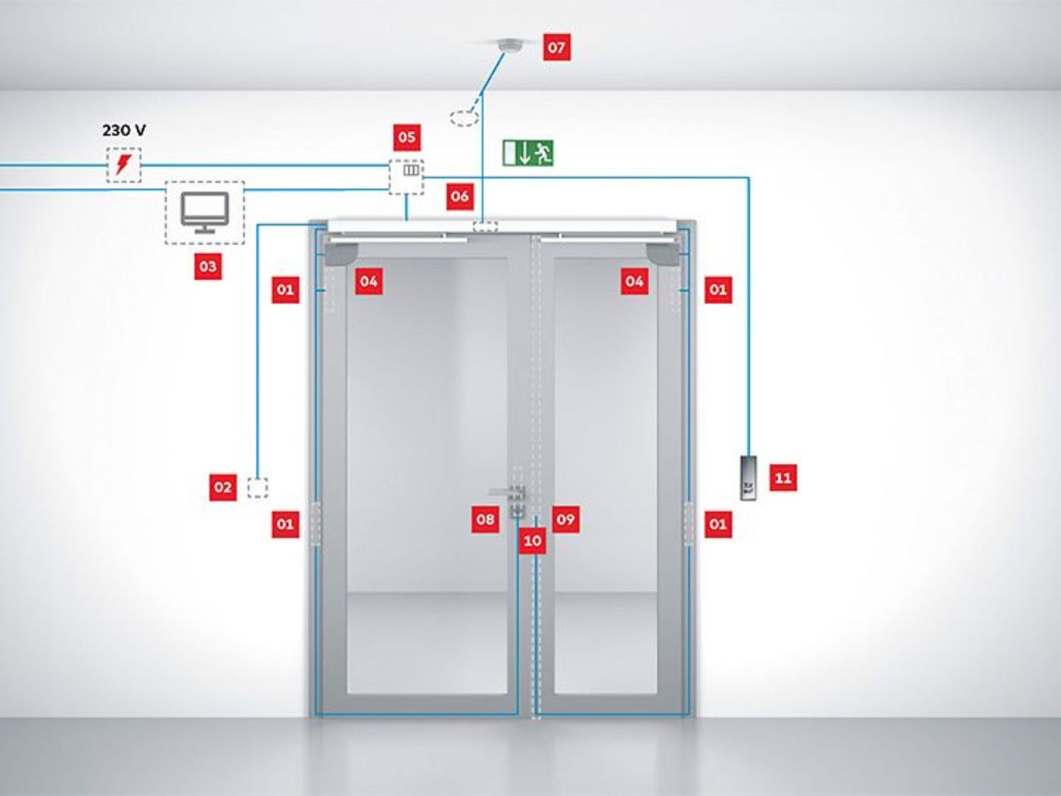 Double-leaf door with integrated smoke-detector