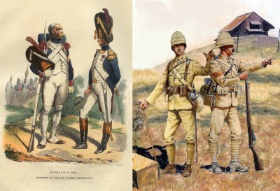 Franska soldater i Napoleons armé tidigt 1800-tal respektive brittiska soldater under andra boerkriget 1899. Notera att de senare uniformerna är mindre färgstarka.