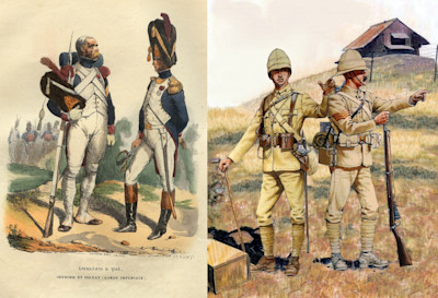 uniform jämföra Franska soldater i Napoleons armé tidigt 1800-tal respektive brittiska soldater under andra boerkriget 1899. Notera att de senare uniformerna är mindre färgstarka.