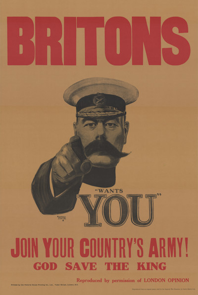 britons wants you Känd brittisk propaganda från 1914 producerad för rekrytering. Mannen på bilden är brittiske krigsminister Kitchener.