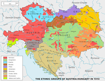 map-ethnic groups of austria-hungary 1910 Österrike-Ungern bestod av många etniska grupper som inte alltid kom överens.