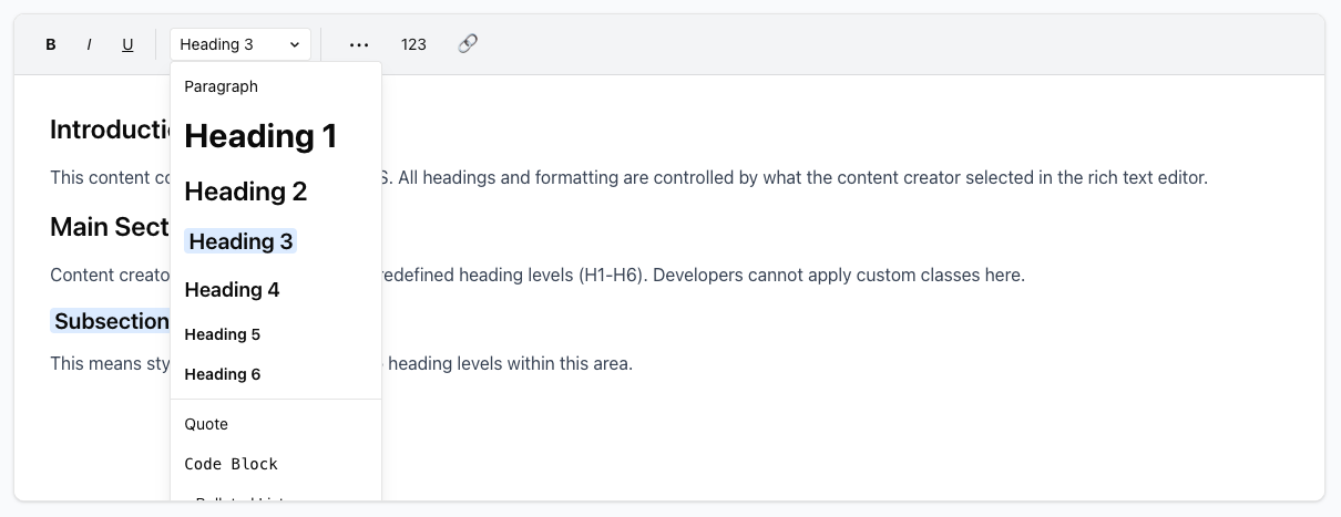 A rich text editor with a heading level 3 selected in the content and the heading selector dropdown
