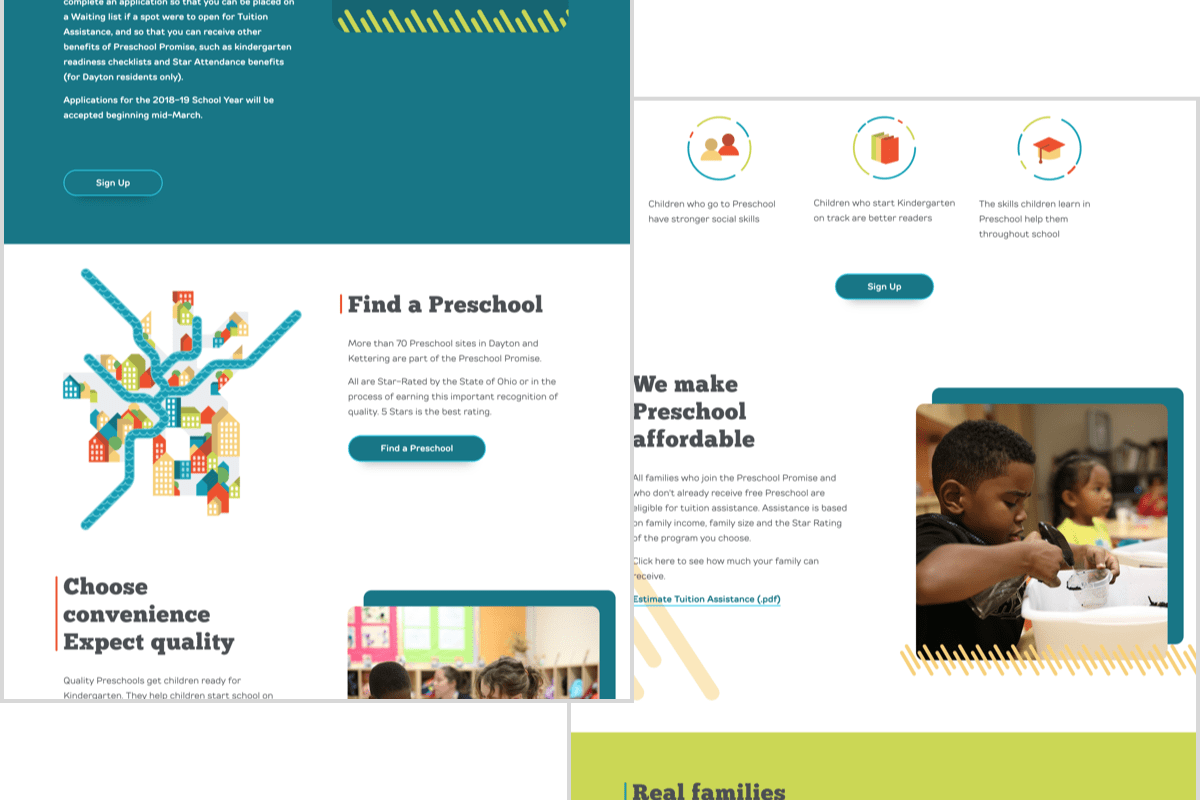 Screenshots of the Preschool Promise website homepage showing the different modules on the page