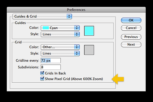 Use the preferences for guides and grids to view the pixel grid above 600%.