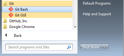 Selecting Git Bash from the Windows start menu.