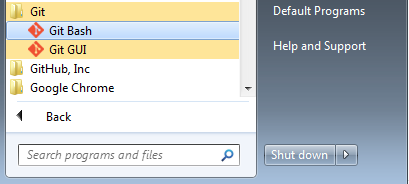 Selecting Git Bash from the Windows start menu.