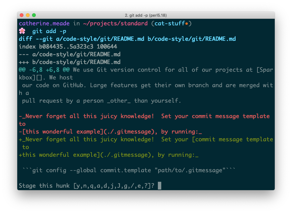 A terminal screenshot of running git add -p.