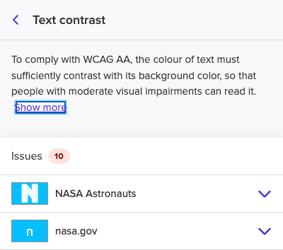 Silktide text contrast results with a show more accordion