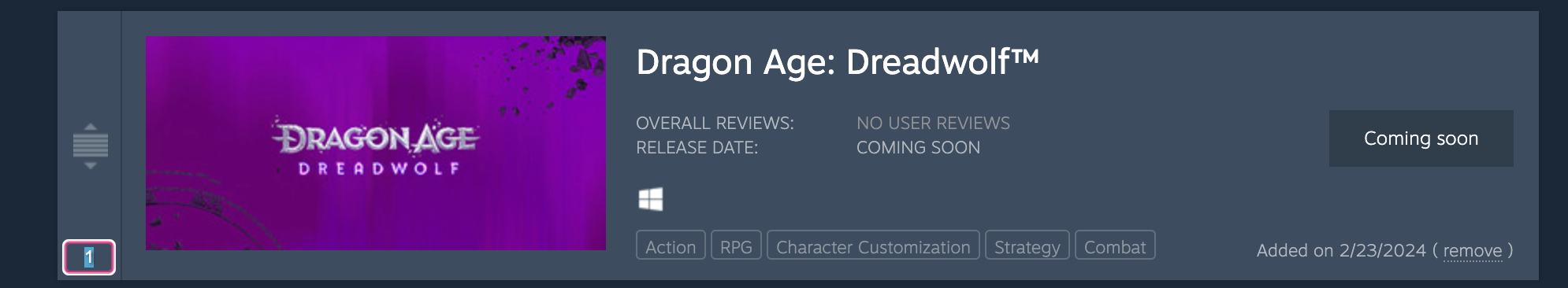 A screengrab of the wishlist page on the Steam website, showing a single item: Dragon Age: Dreadwolf. The item has a highlighted rank order text box, which shows a user is typing into it the number 1.