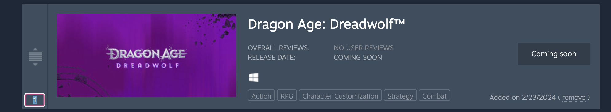 A screengrab of the wishlist page on the Steam website, showing a single item: Dragon Age: Dreadwolf. The item has a highlighted rank order text box, which shows a user is typing into it the number 1.