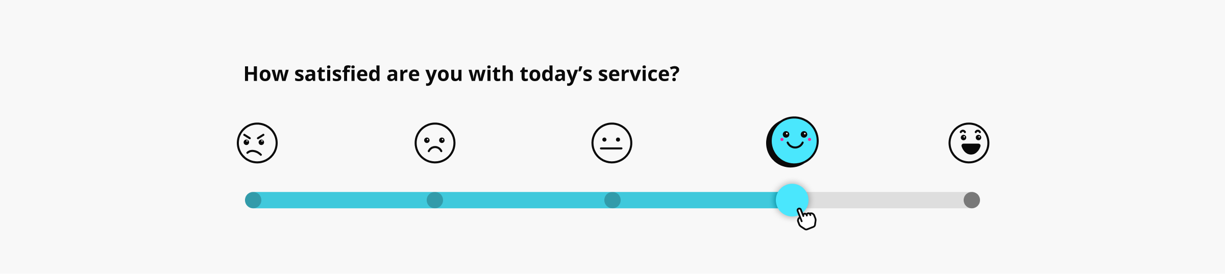 A graphical representation of a range slider with the label, How satisfied are you with today's service? The slider shows five options along the track, each labeled with an emoji ranging from angry to ecstatic. The fourth track item has been selected via a button along the track itself.