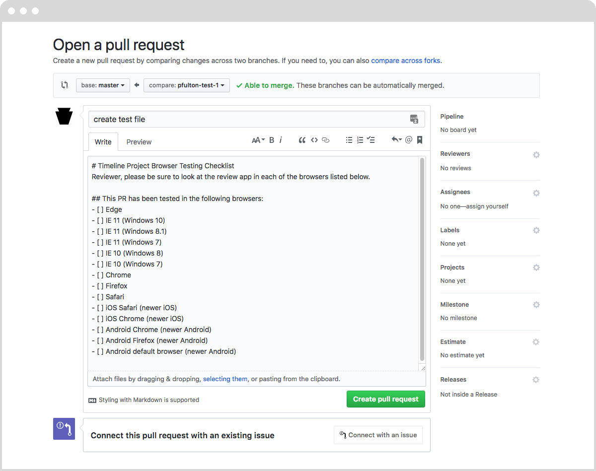 An example of a new GitHub pull request form, pre-populated with the contents of our pull request template file