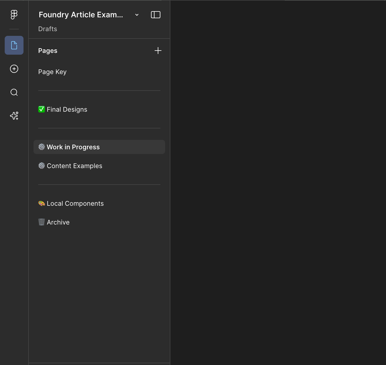 A screenshot of Figma's left-most panel, displaying the organization of a file's pages. The pages are displayed as follows: Pages Key, divider line, Final Designs, divider line, Work in Progress, Content Examples, divider line, Local Components and Archive.