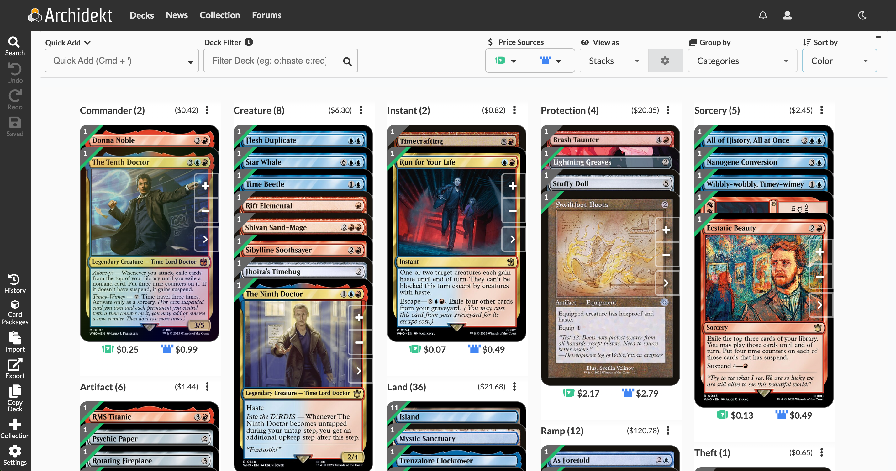 A screengrab of a deck view on the Archidekt website, displaying roughly 20 Magic the Gathering Doctor Who set cards divided into groups such as Commander, Creature, and Sorcery.