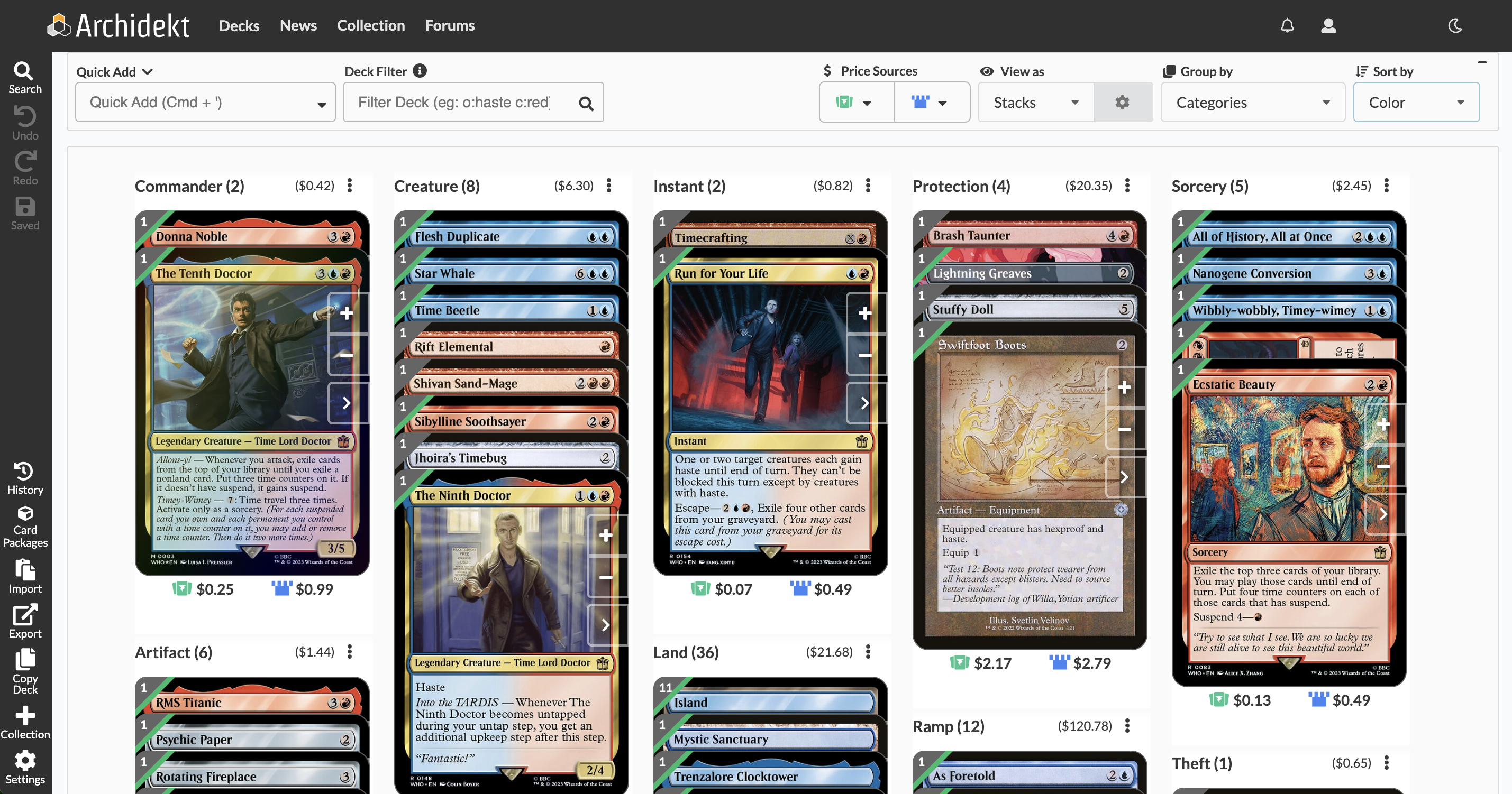 A screengrab of a deck view on the Archidekt website, displaying roughly 20 Magic the Gathering Doctor Who set cards divided into groups such as Commander, Creature, and Sorcery.