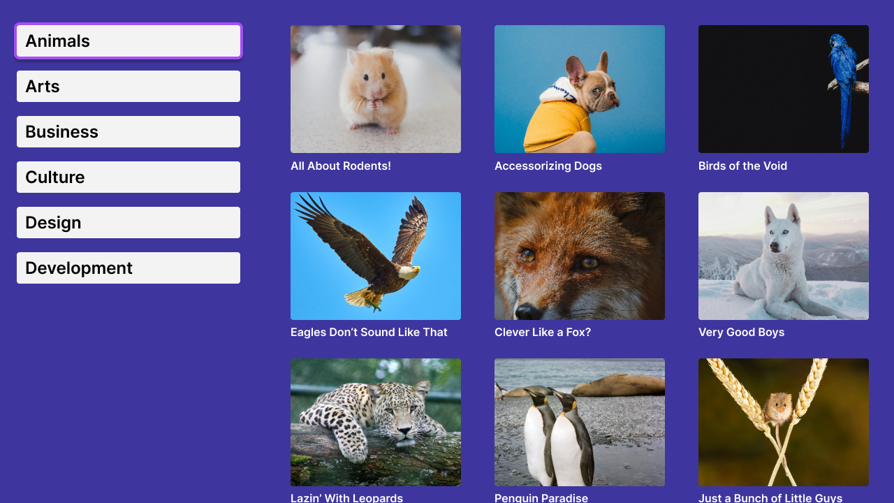 A screengrab of a sample TV layout, including a list of categories on the left side and a three by three grid of animal video thumbnail images on the left. 