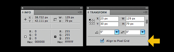 Align objects to the pixel grid using the transform palette.