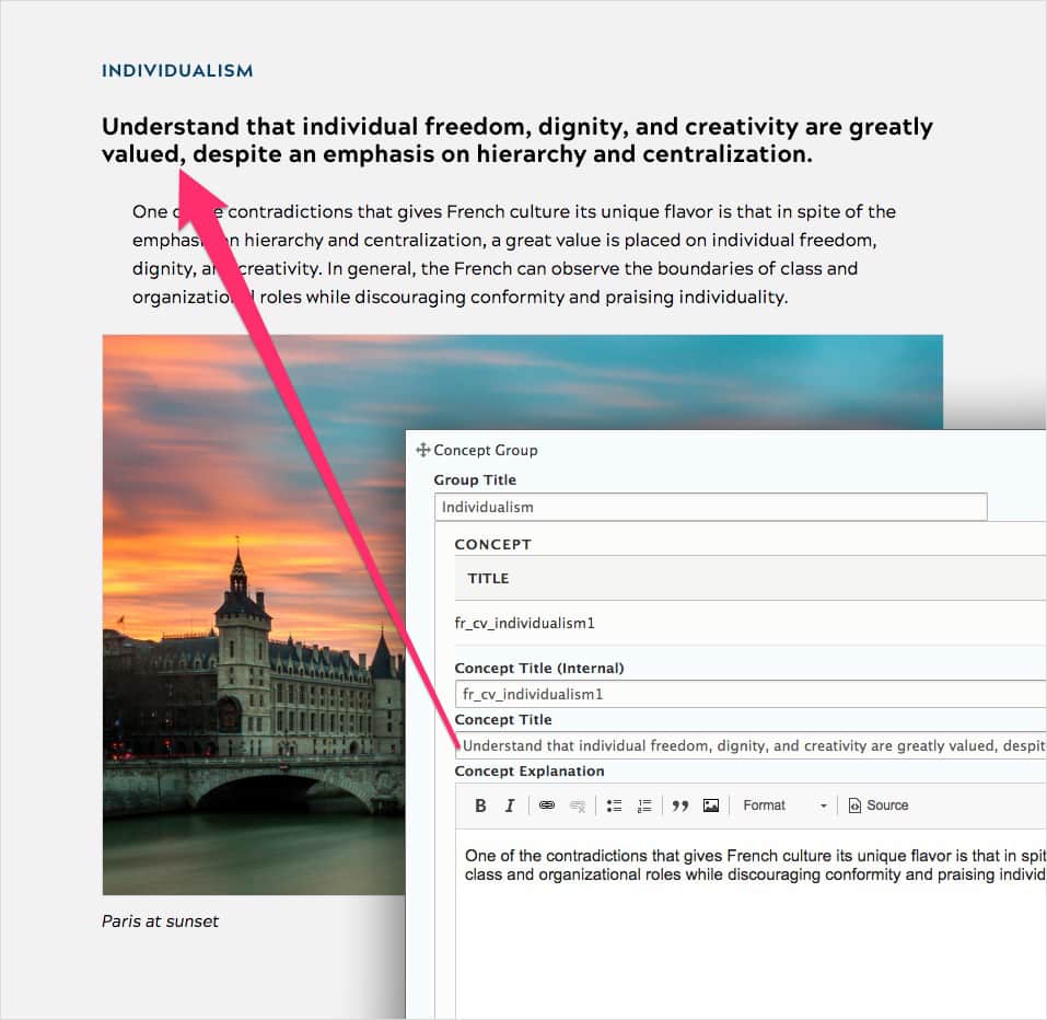 A side-by-side view of the site topic page and how the page is structured in the CMS, including separate fields the concept title and explanation.