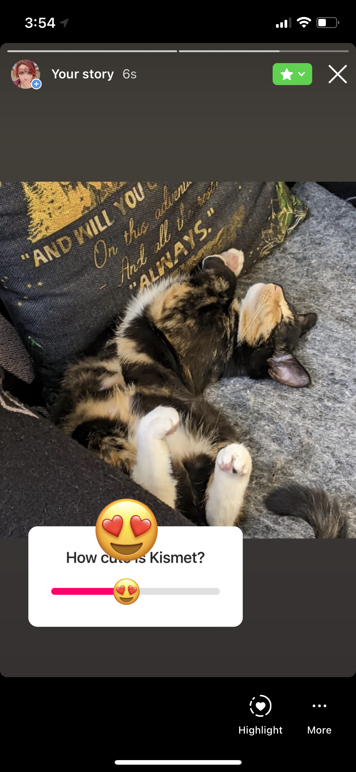 A screengrab of the mobile view of Instagrams Stories, showing a calico kitten sleeping in a silly position, belly up, on a chair. There is an overlay of a slider box with the label How cute is Kismet?. The selection thumb is the heart eyes emoji.