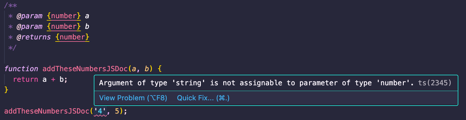 Code editor displaying an error via JSDoc type checking, warning the developer that the type “string” cannot be assigned to the function’s parameter that is of the type “number."