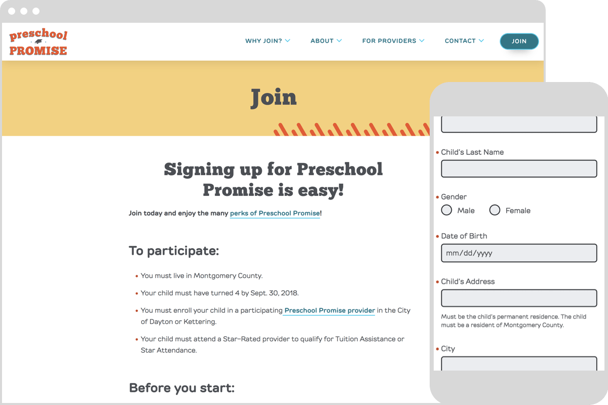Screenshots of the Preschool Promise website.Showing screens from the application flow.