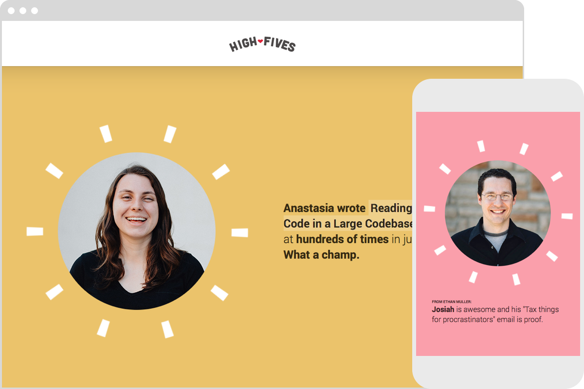 Screenshot of the High Fives website. Shows Anastasia and Josiah along with nice words about them