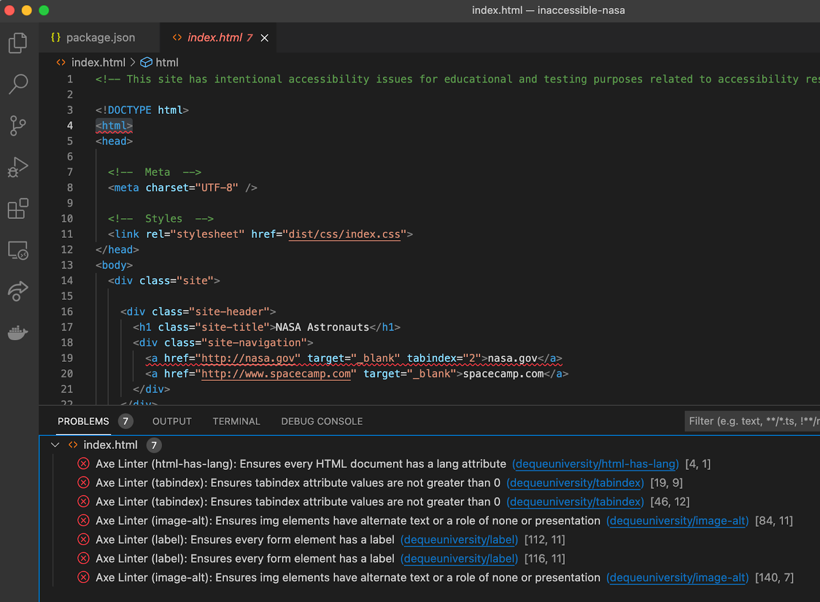 VS Code editor showing linting issues in our index.html file used for accessibility testing.