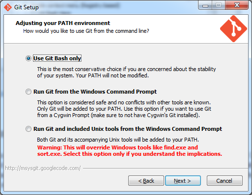 Git Installer adjusting PATH environment selectig 