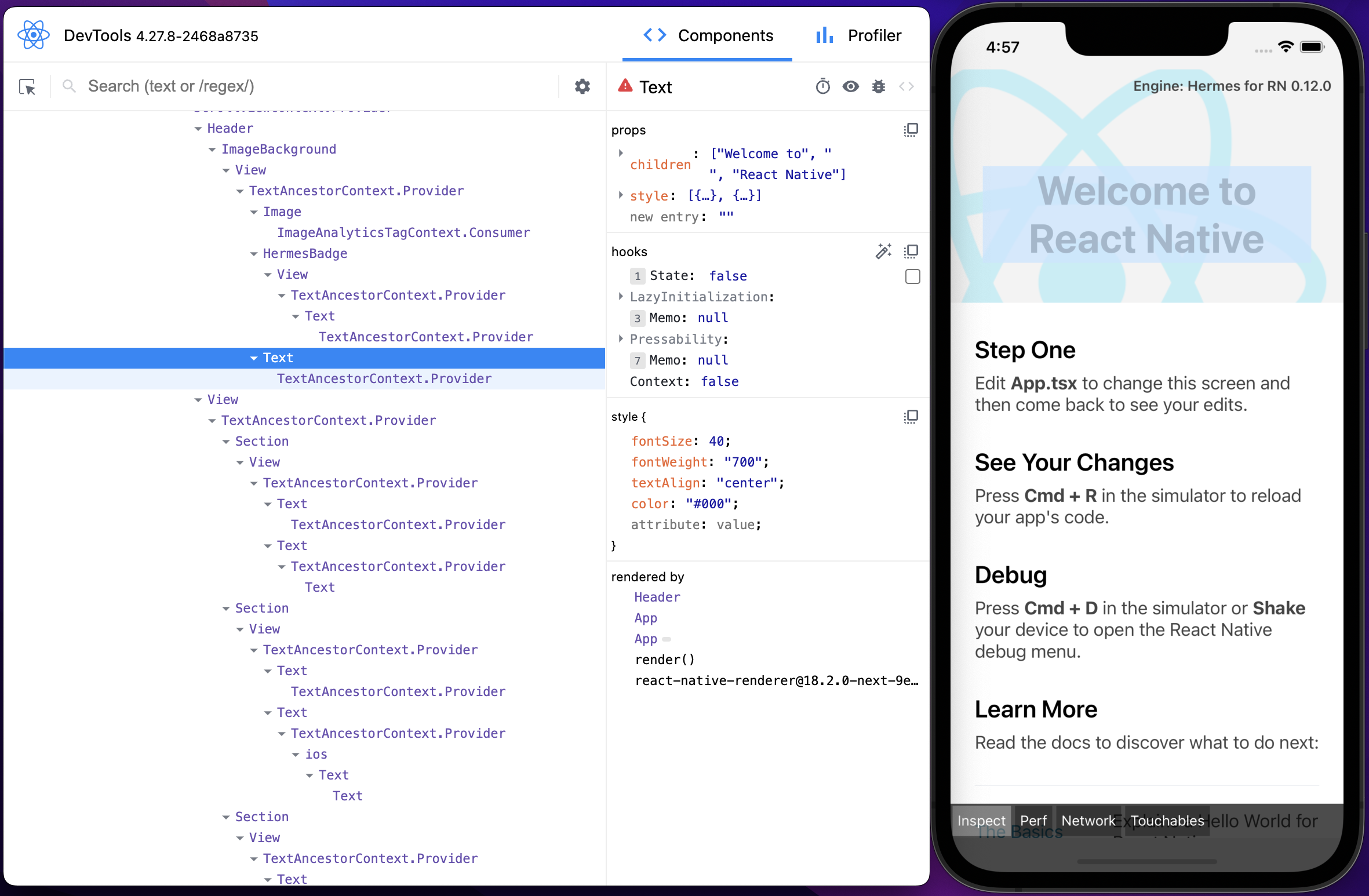 The React Developer Tools being used to inspect a React Native App.