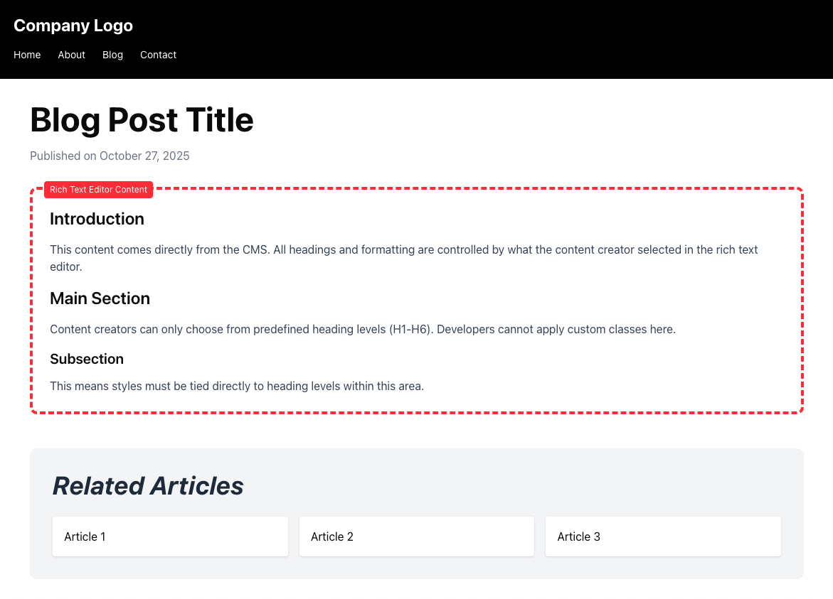 A website with the content coming from a rich text editor outlined