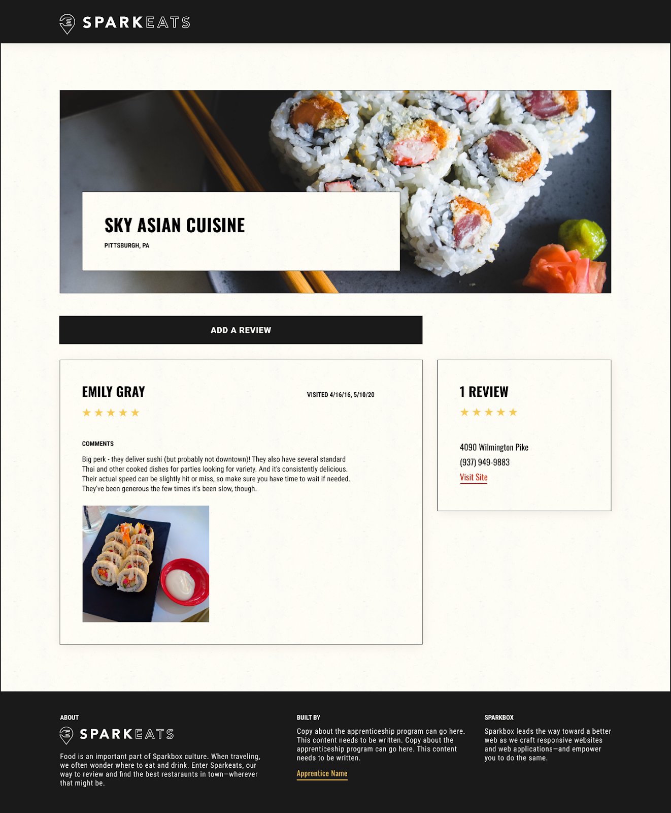 A page for a resturant called Sky Asian Cuisine on the SparkEats website. The page includes several components, including a cover image, a title, a review, and a box of restaurant details.