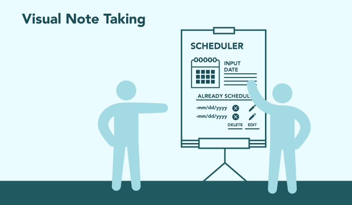 A visual note taker stands at an easel and sketches thoughts on how a scheduler page will look.