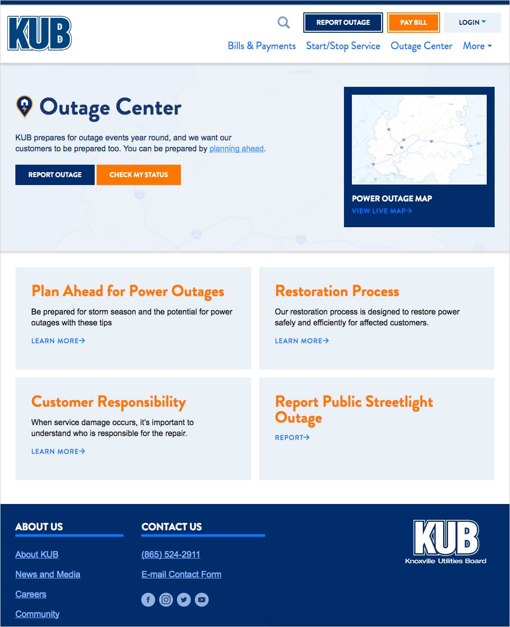 The Outage Center page