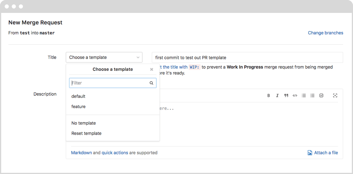 Choosing a description template when issuing a new merge request on GitLab.