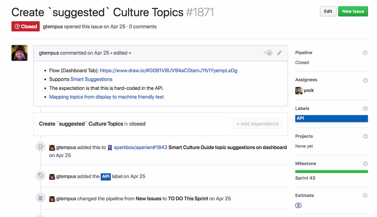 Jira card to “Create suggested culture topics,” with feature specifications and links to other relevant cards.