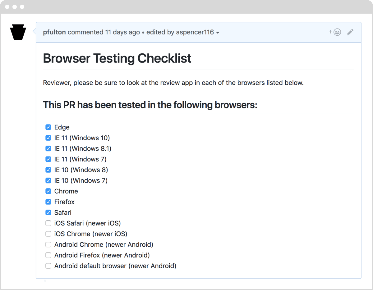 An example of using a browser testing checklist as part of a GitHub pull request template