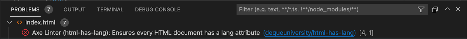 The Problems tab in VS Code editor displaying a linter error.