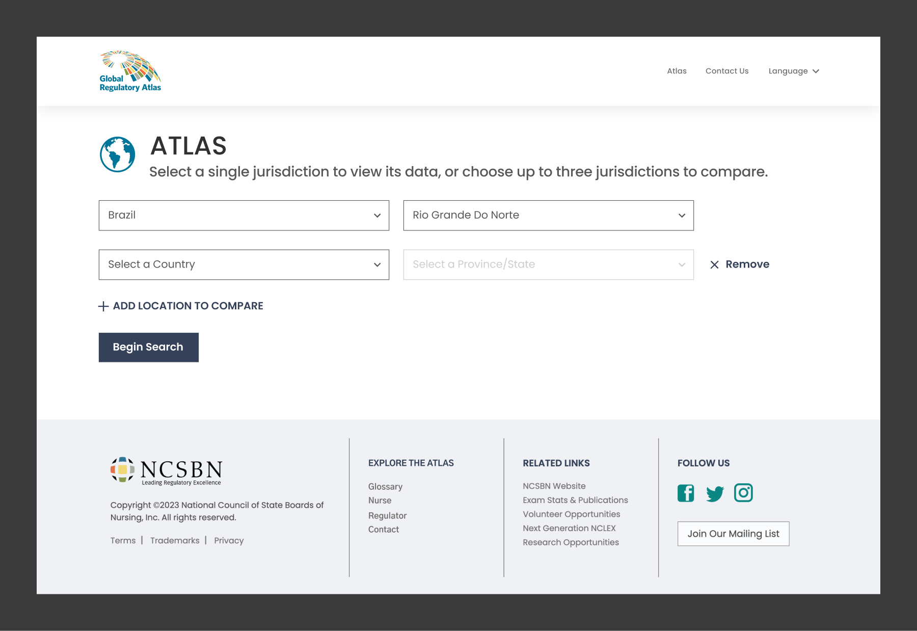 Desktop view of the Atlas before a user filters to a specific location. Below the filtering inputs is a link allowing users to add an additional location to compare the data.