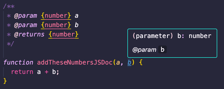 Code editor displaying a variable’s type via JSDoc type checking, signaling the developer that the “b” variable is of the type “number.”