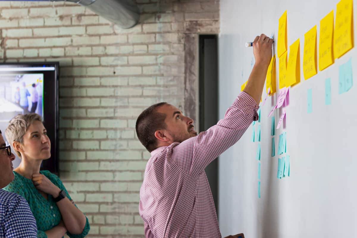 A team works on creating a roadmap on a whiteboard.