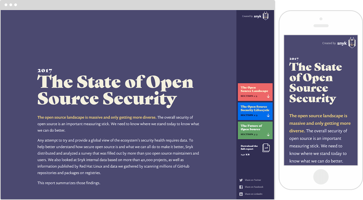 Snyk State of Open Source Security homepage, including social sharing icons in the navigation.