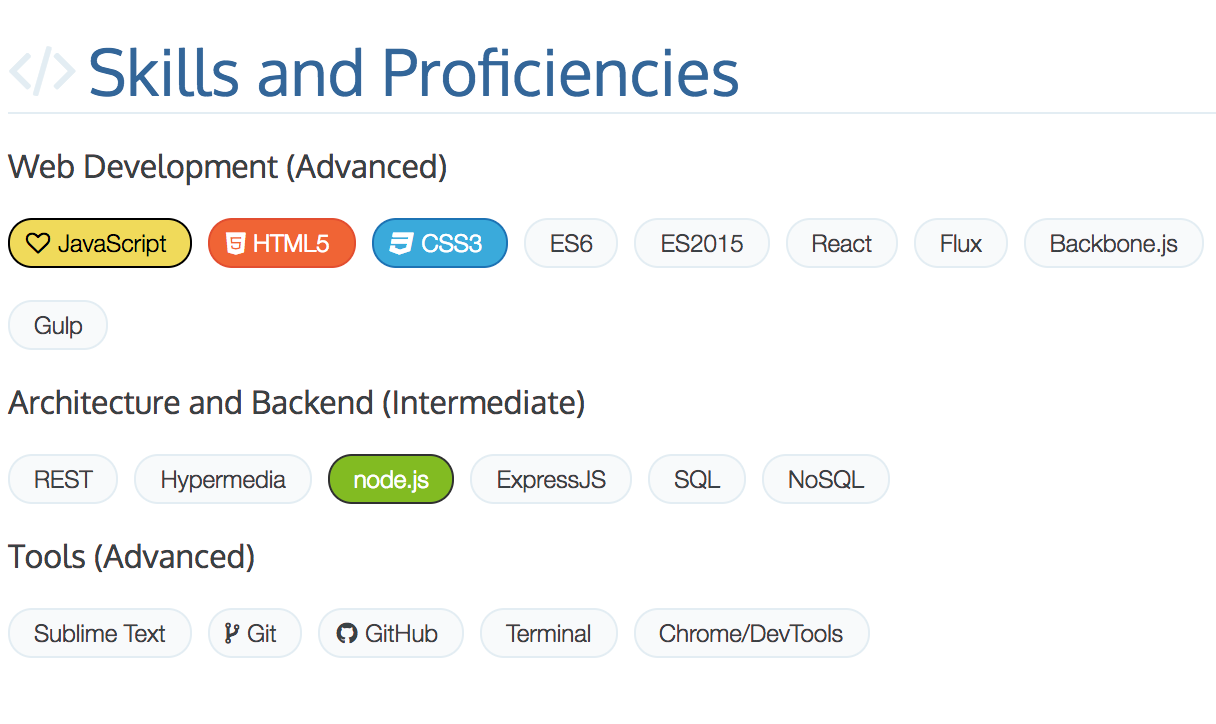 Bob Yexley's skill section of his developer resume