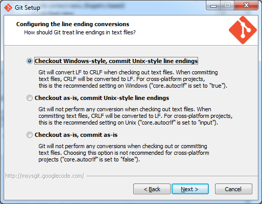 Git installer configuring the line ending cnverstions selecting 