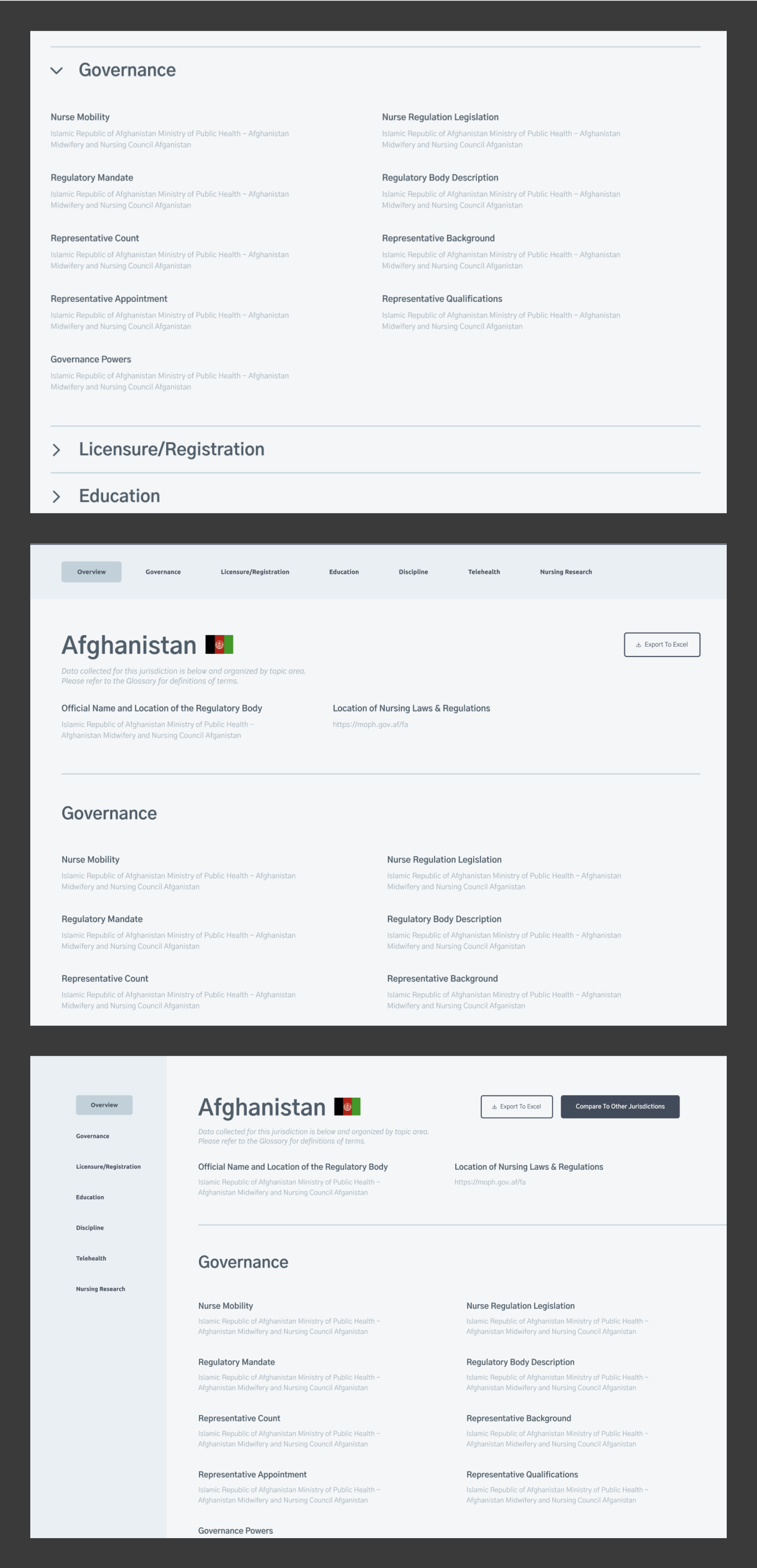 Three wireframes displaying three solutions to page navigation and organization. The first wireframe shows expandable sections. The second shows a sticky navigation with jump links, and the third shows a jump link sidebar.  