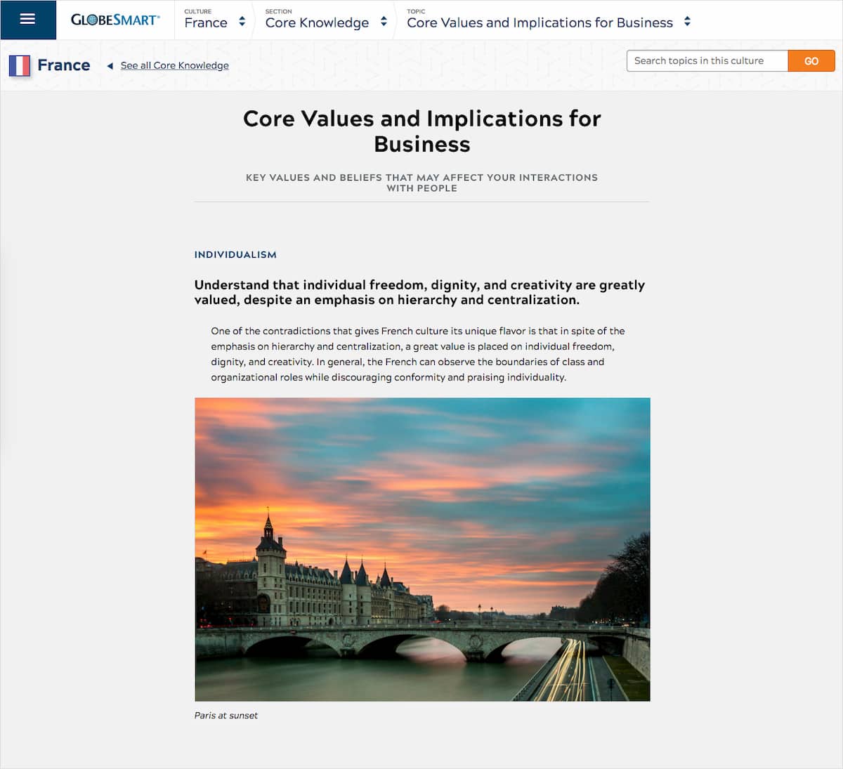 A topic page from the France culture guide focused on core values and business implications.